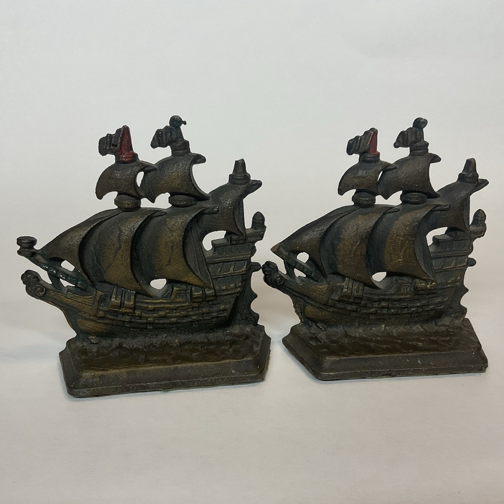 Vintage Pair Cast Iron Metal Pirate Sailing Boat Clipper‎ Ship Bookends Heavy